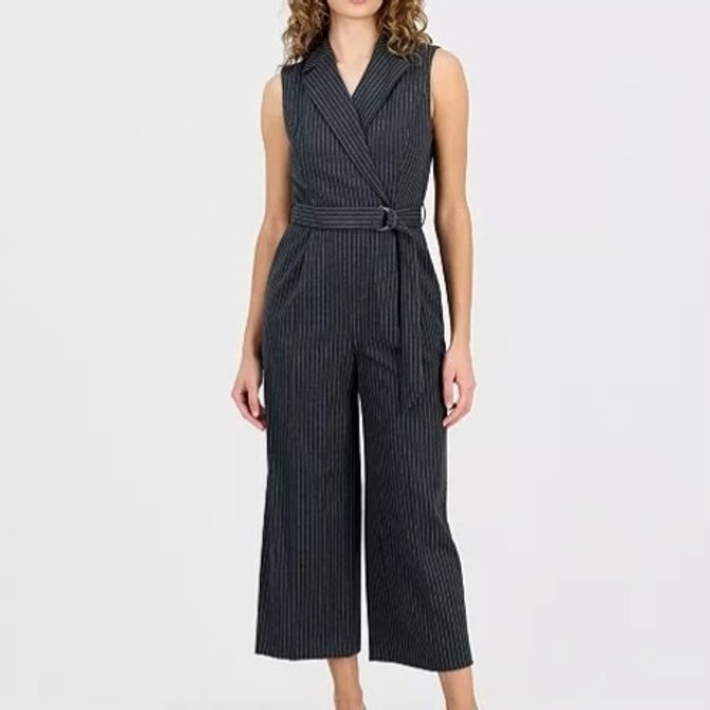 Calvin Klein Pinstriped Notched Collar Belted Gray Jumpsuit Womens Size 6 NWT
